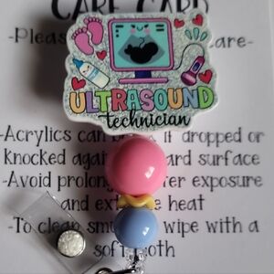 Hand Crafted Ultrasound Technician Badge Reel - Pink, Blue, Yellow